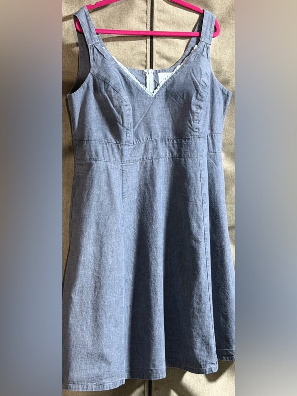 Cherry Velvet Chambray Lace Trimmed  V-Neck Skater Dress w/Pockets 0X